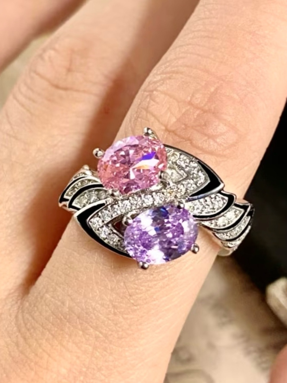 Sparkling Dual Gemstone Ring — Pink & Purple Ovals